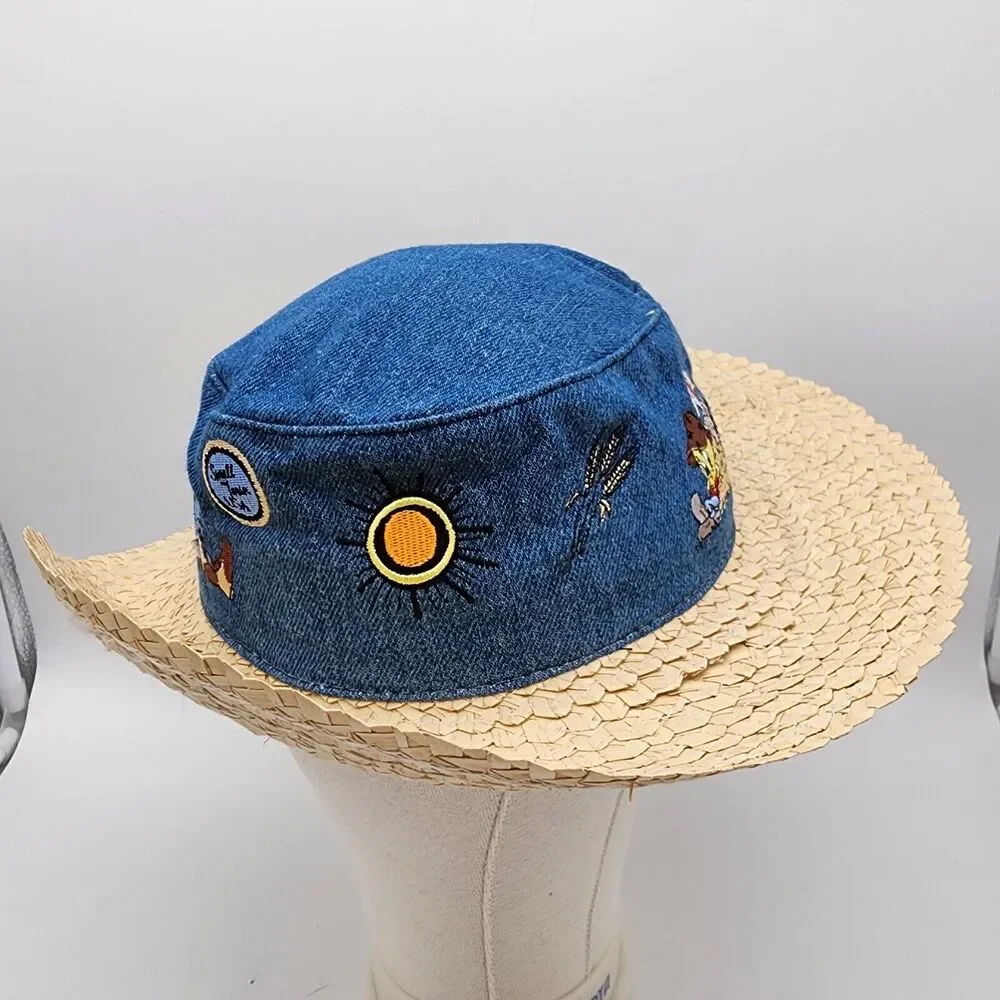 Vintage 90s Looney Tunes Denim Straw Sun Hat One Size Tweety Mom USA Acme 1991